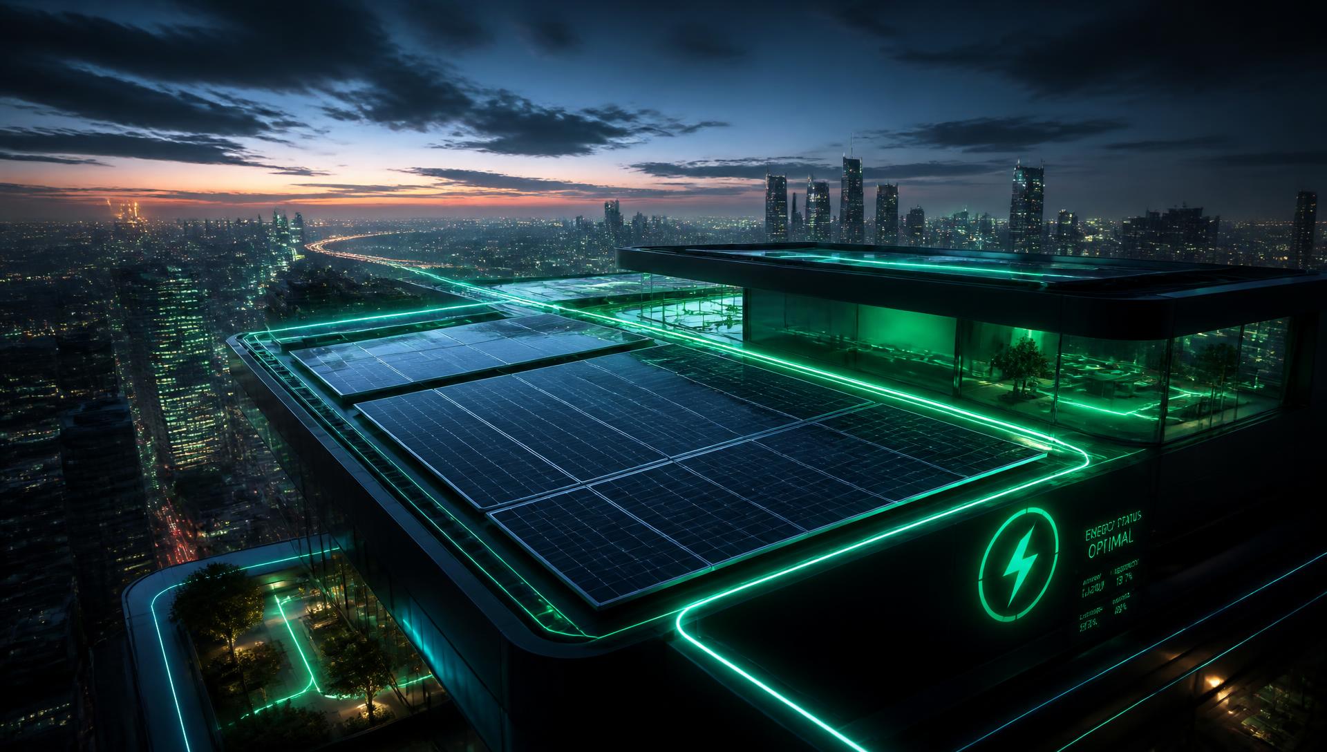 Photovoltaikanlage auf einem modernen Gebäude in der Abenddämmerung